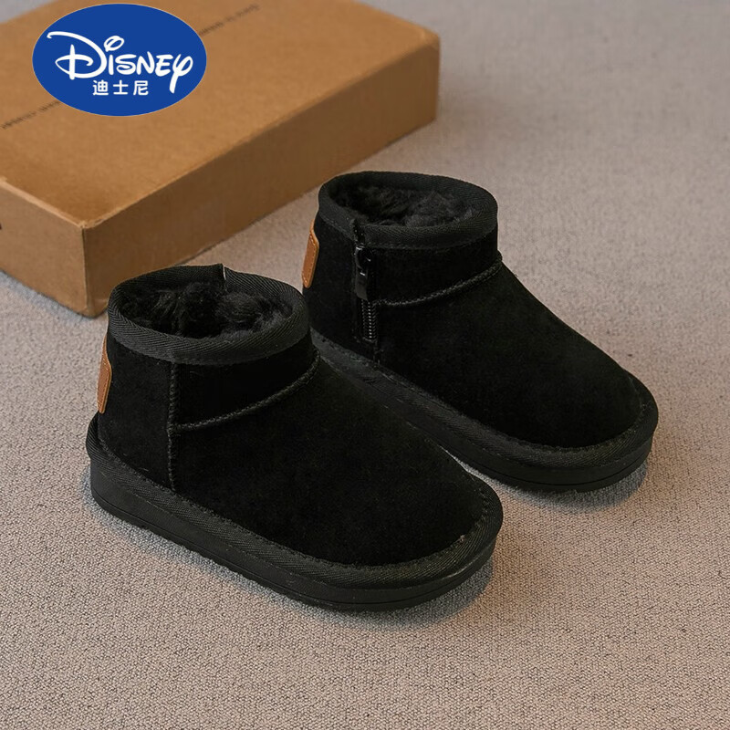迪士尼（Disney）儿童雪地靴2024冬季新款男童鞋子女童雪地棉加绒加厚宝宝棉靴防滑 黑色 21码内长14.2cm