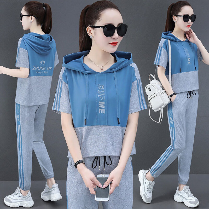 休闲套装女夏两件套2021新款时尚洋气减龄短袖裤夏装运动服两件套棉