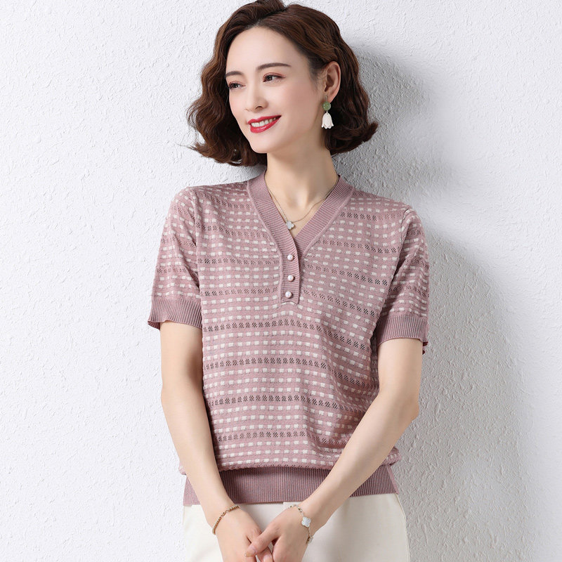 香影芬冰丝短袖t恤女夏装条纹v领针织中年上衣年轻40五十岁小衫洋气
