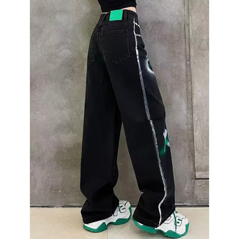 杜宾爵黑色裤子女设计感夏季显瘦欧货时尚高腰弹力阔腿破洞牛仔裤潮