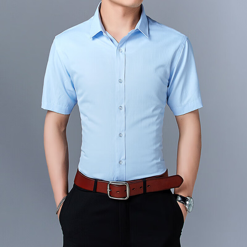 男式短袖衬衫男青年男士衬衫韩版修身衬衣大码男装 浅蓝色 44/5XL