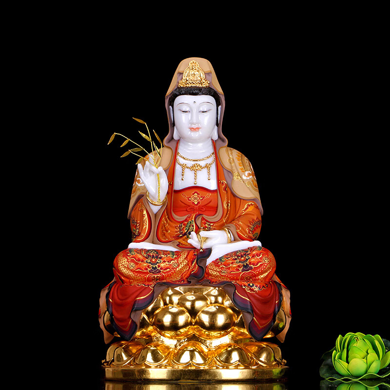 七宝莲 汉白玉镶金观音佛像彩绘南海观世音居家娑婆三圣摆件 12英寸镶
