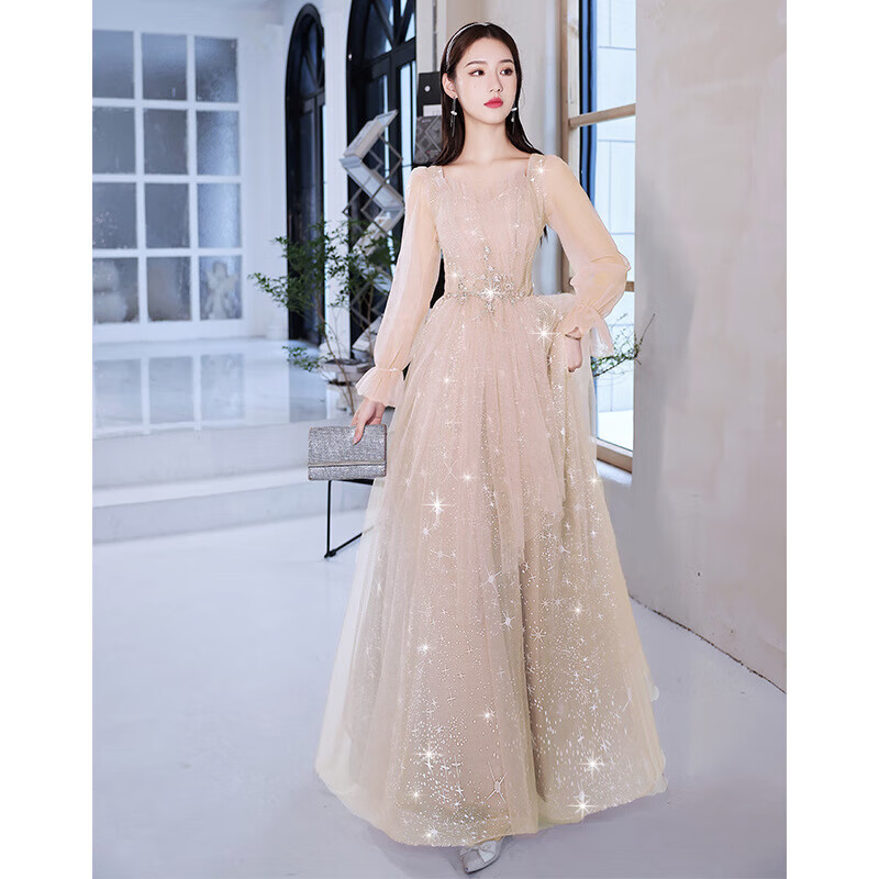 18嵗岁礼服晚礼服女2023宴会气质轻奢小众高端主持18 香槟色 长袖 s