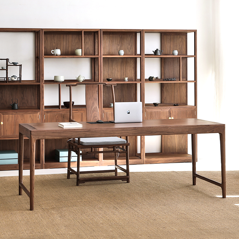 实木书桌新中式书桌北美黑胡桃茶桌现代中式书桌禅意简约书房原 爱佳