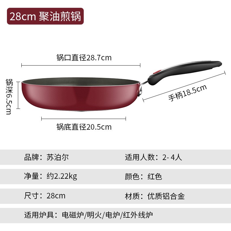 苏泊尔（SUPOR） 平底锅不粘锅 玻璃盖火红点煎锅炒菜锅明火燃气灶磁炉通用牛排锅 28CM 三代红色普通盖聚油底