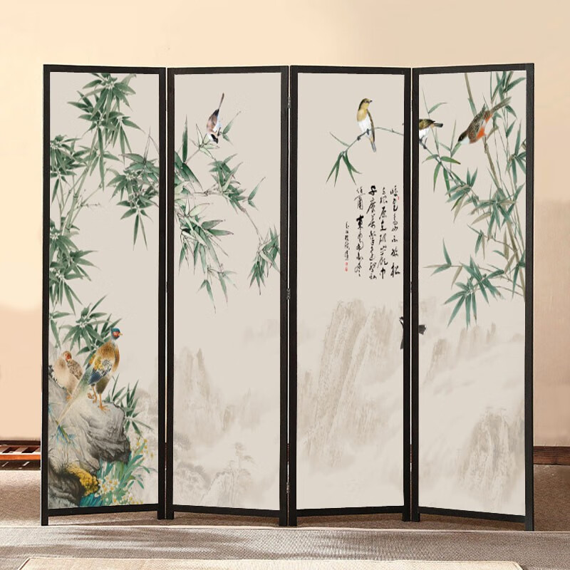 中式花鸟屏风实木不透卧室客厅入户门玄关遮挡简易办公隔断移动 图案d