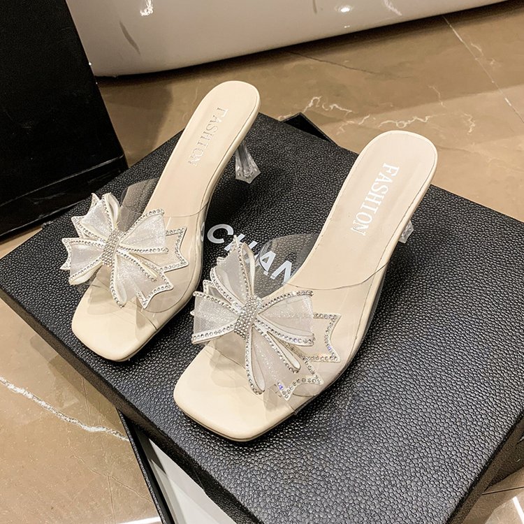 铂朗尼奥大码凉鞋女41一45高跟鞋蝴蝶结水钻透明半拖配裙子夏天鞋子