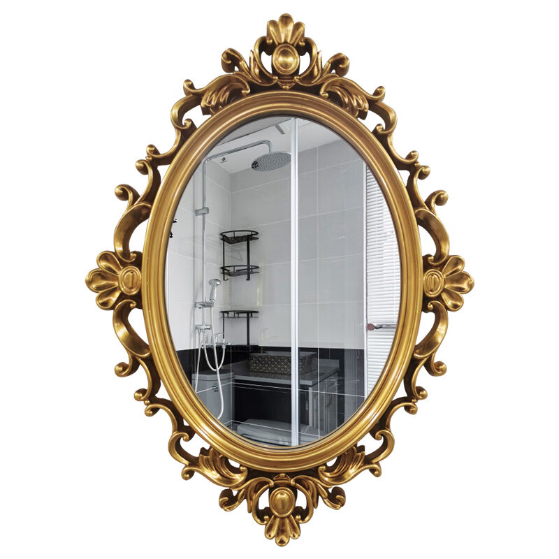 欧式复古椭圆形浴室镜子镂空装饰化妆镜卫生间壁挂镜框卫浴镜 仿古金