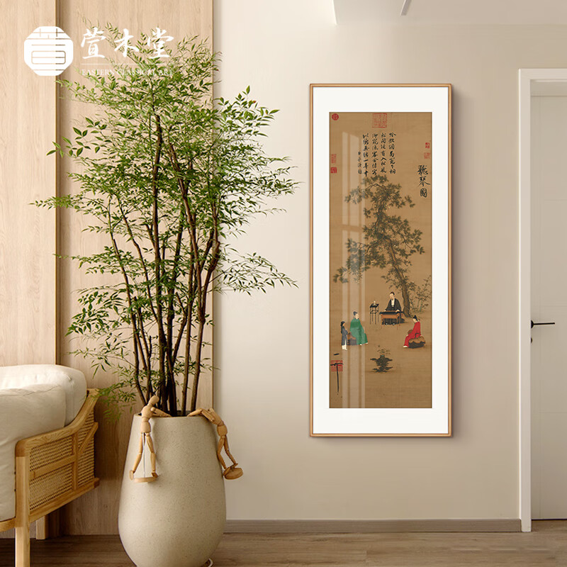 玄关装饰画走廊过道挂画茶室书房山水画壁画 《听琴图》(缅甸柚木)