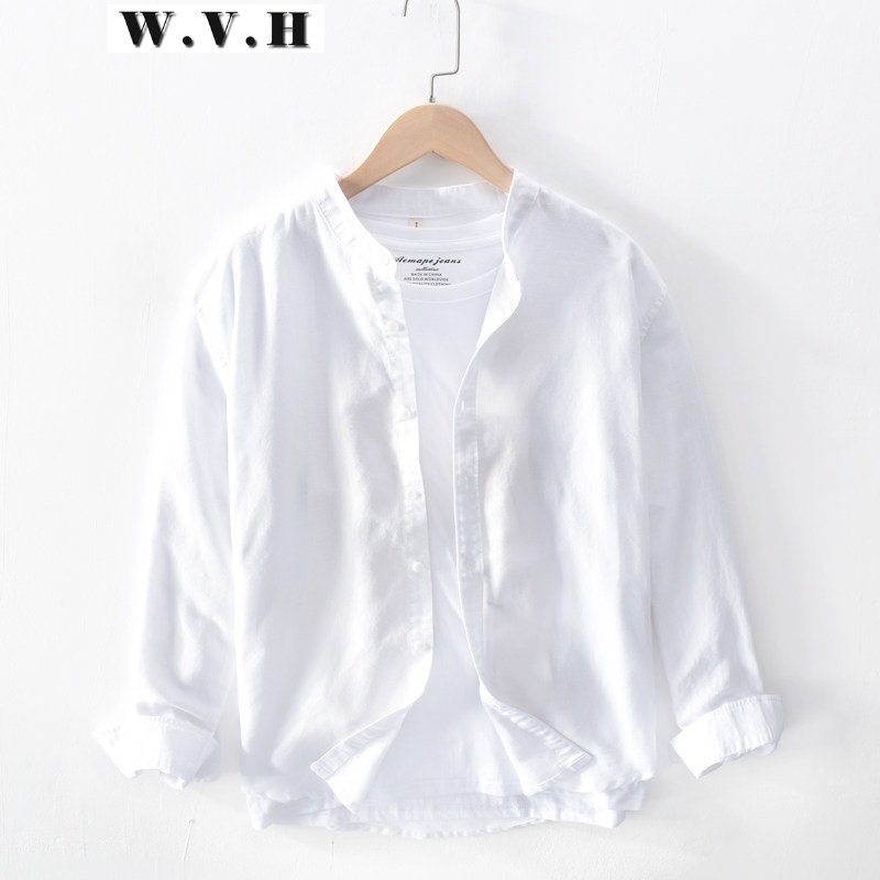 春夏季高端品牌男装wvh日系复古风圆立领长袖衬衫纯色亚麻料原宿文艺