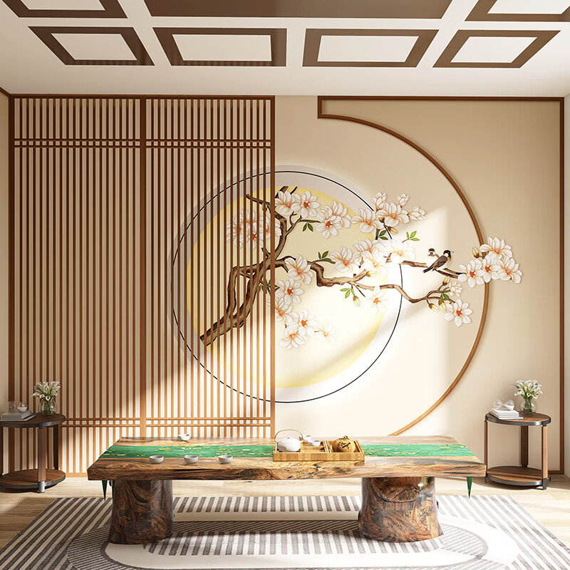 博拉帝新中式花鸟墙纸采耳店足疗养生馆背景墙壁纸中国风美容院装修