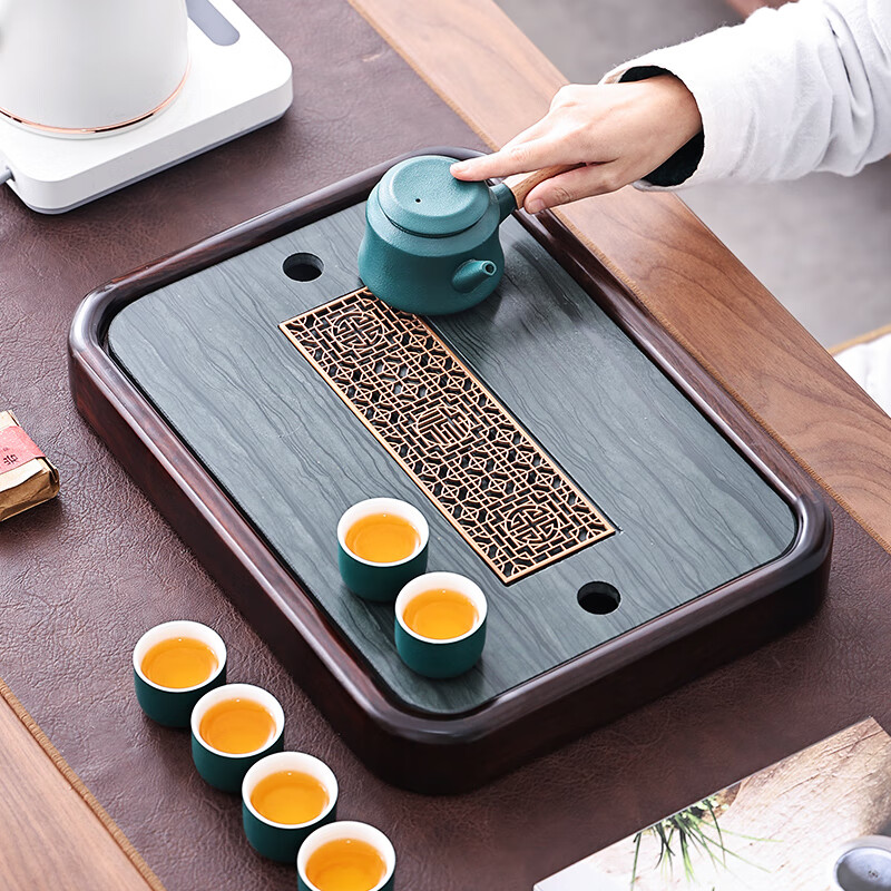 陶尚吟 简约家用长方形实木木纹石茶盘小型储排水两人用简易迷你茶台