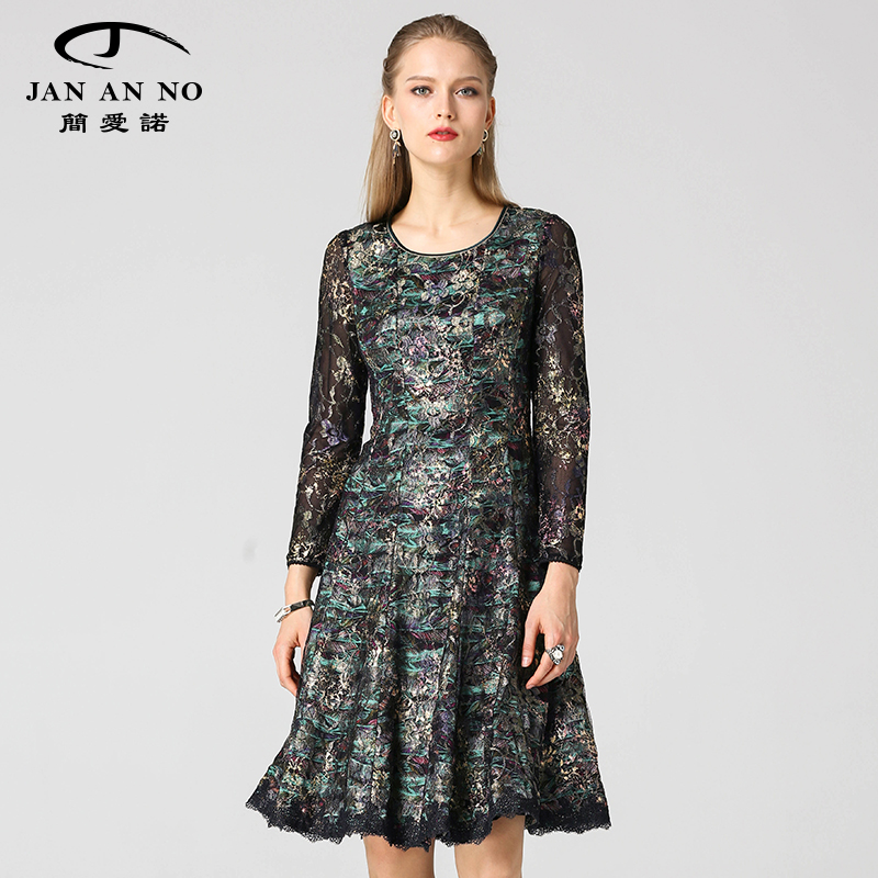 jan an no简爱诺秋季优雅立体收腰蕾丝烫金长袖连衣裙j860060lq 图片