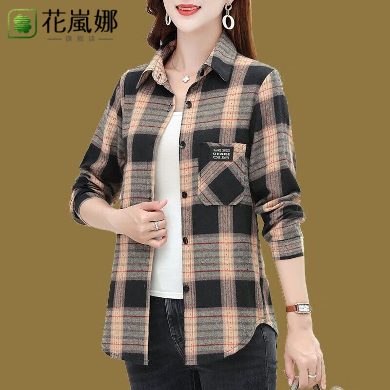 花岚娜（HUALANNA）女士衬衫纯棉格子长袖开衫中年春秋上衣洋气休闲磨毛棉衬衣 黑红格/315款 2XL （适合115-128斤）