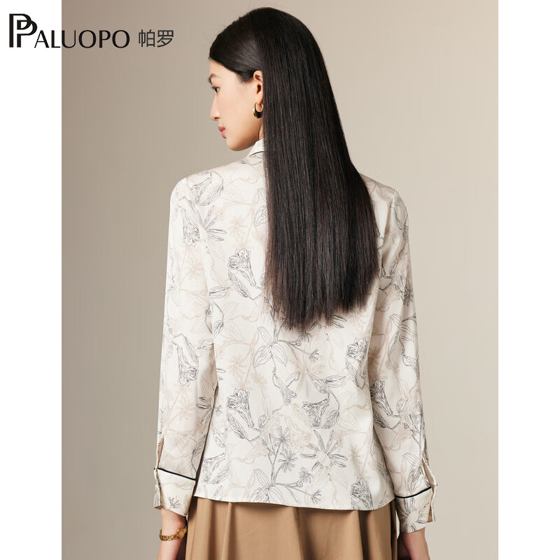 帕罗（PALUOPO）19姆米弹力双乔桑蚕丝夏长袖印花微弹衬衣休闲文艺上衣衬衫女 白底花 XL (170/92A)