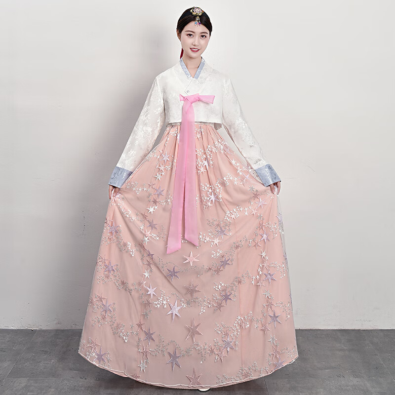 优朵米朝鲜族服装女成人韩服纱裙女春夏秋传统礼服民族舞蹈演出 白衣