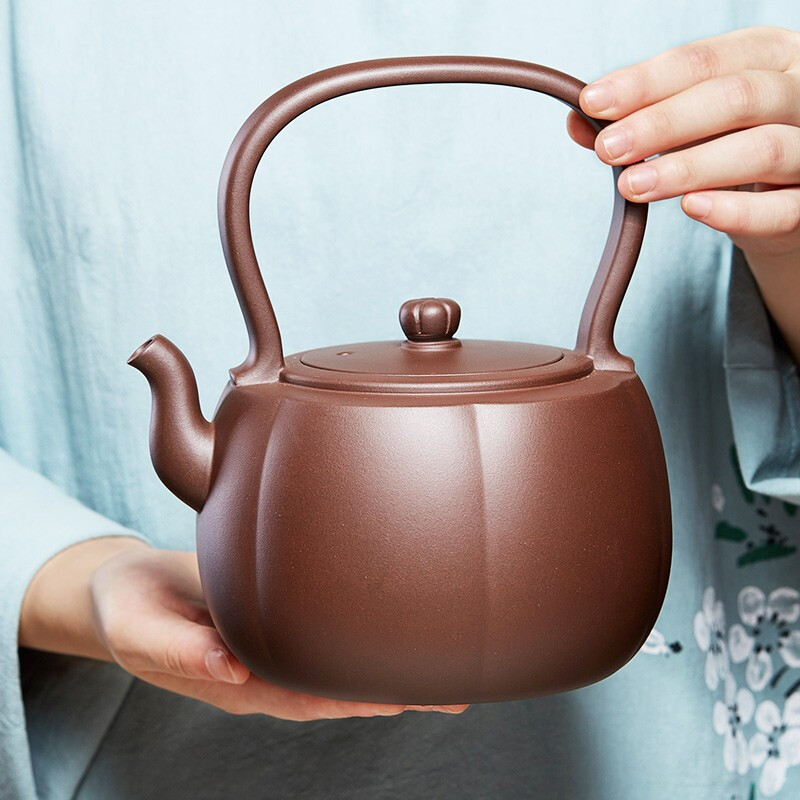 萬壺園 紫砂壺燒水壺煮茶壺大容量煮茶器茶具泡茶壺可搭電陶爐煮茶爐 瓜棱提梁 紫泥 1200cc