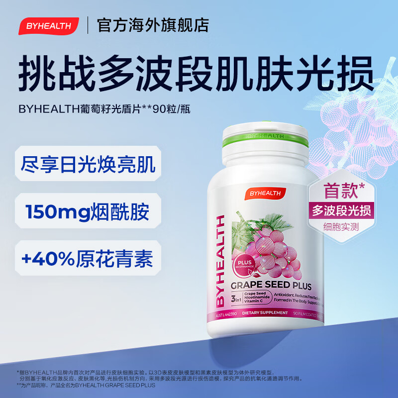 BYHEALTH葡萄籽光盾片烟酰胺片抗氧化祛黄美白丸养颜抗衰维生素c 提亮肤色 90粒*1瓶 【效期到26.11】