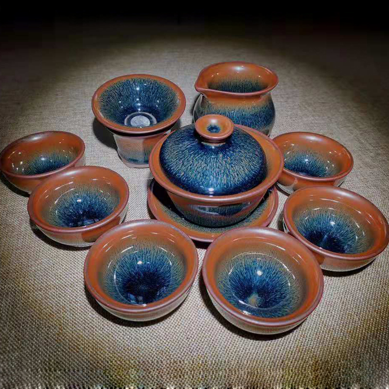 【拍卖价390元】建盏名家高华松兔毫十二件套茶具套装陶瓷茶盏主人杯