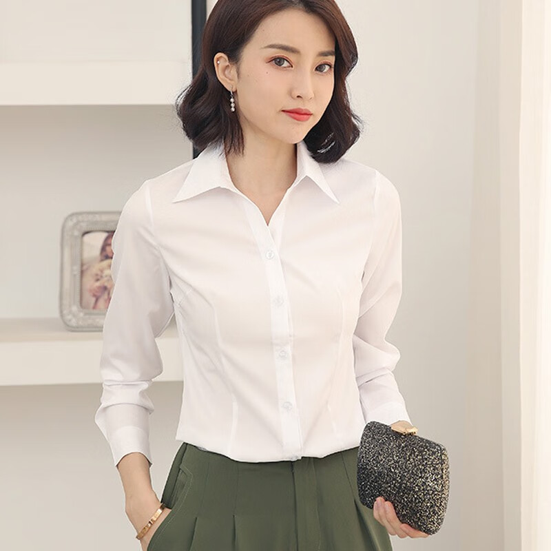 奕卬白衬衫女款棉质修身正装工作服职业装衬衣女士长长袖文员上衣 白色 3XL (125-135斤)