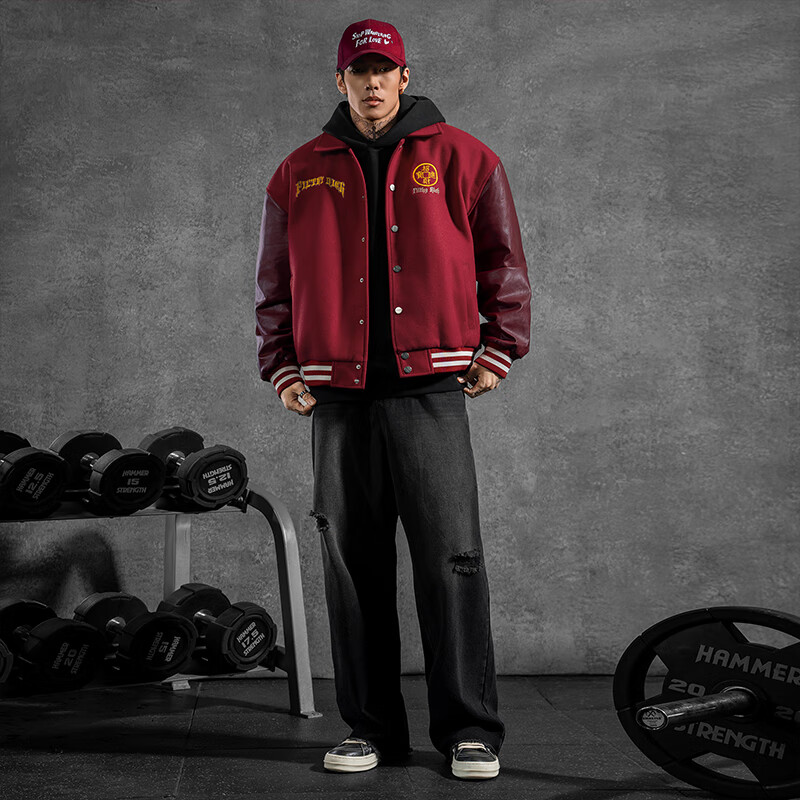 鹿家门招财进宝重磅棒球服男安可拉红秋季外套宽松健身夹克男 黑色 3XL 200-240斤