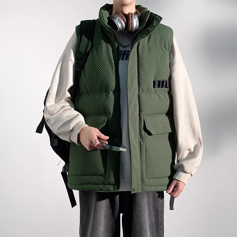 顶峰保罗2024新款立领工装羽绒棉马甲男士秋冬季加绒保暖坎肩马夹背心外套 军绿 XL 推荐145-170斤