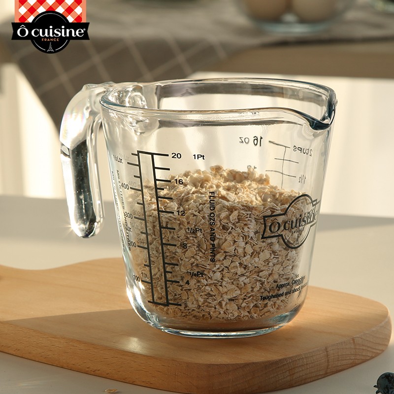 欧贵厨法国进口牛奶量杯带盖早餐杯带把耐热钢化高硼硅微波炉烤箱 500ML（带盖）