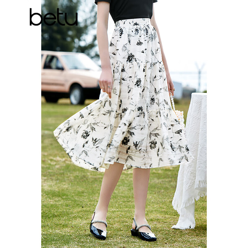 百图betu女装夏季新款半身裙法式优雅花卉高腰半身裙女2303T67 米白 S