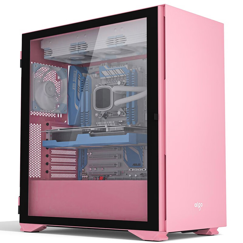 爱国者（aigo）YOGO  K1粉色 超高兼容性 9风扇位 电脑机箱  E-ATX/ATX主板/360水冷/竖装显卡/钢化玻璃全侧