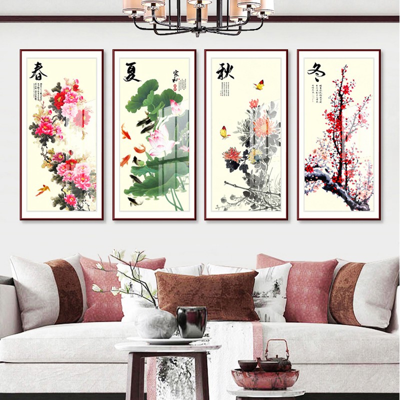 原来美春夏秋冬挂画 客厅沙发背景墙装饰画中国风国画四季壁画四联条