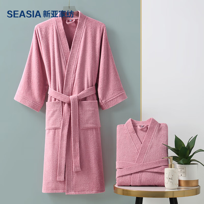 新亚浴袍 纯棉成人男女款浴袍 柔软舒适浴衣睡衣睡袍 玫粉色m