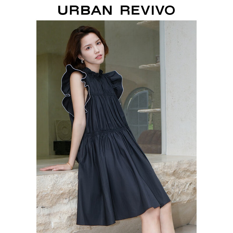 UR2024夏季新款女装都市休闲小众设计感褶皱连衣裙UWU740056 蓝色 S