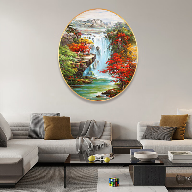 爱伦油画廊椭圆形山水瀑布聚宝盆风景手绘油画走廊过道装饰画玄关简约