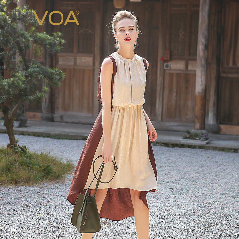 VOA真丝撞色拼接立领无袖宽边松紧腰燕尾前短后长褶皱连衣裙 AS0209 拿铁咖（R03） 160/M