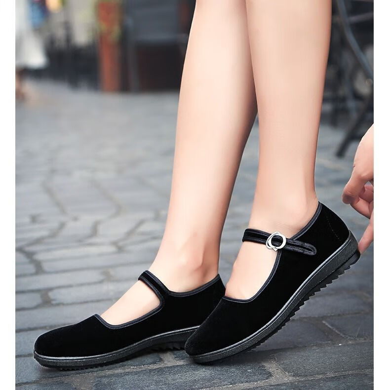 【精选】老北京布鞋女士黑平绒鞋酒店工装鞋搭扣带黑色春秋单鞋舞蹈布