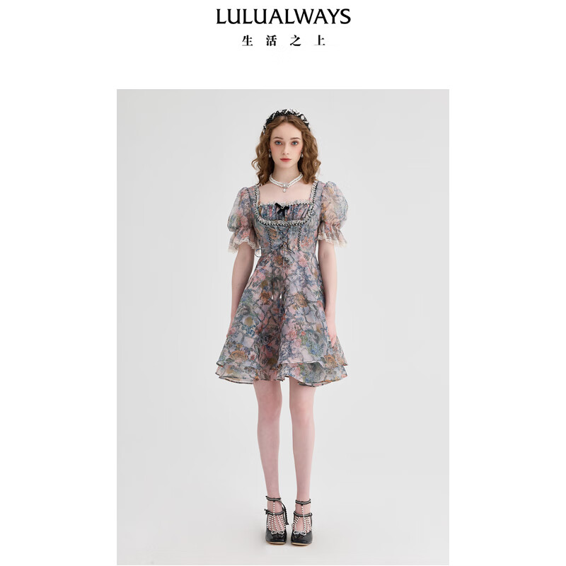 LULUALWAYS【商场同款】25秋季新款甜美显瘦欧根纱印花短款连衣裙 粉色 L