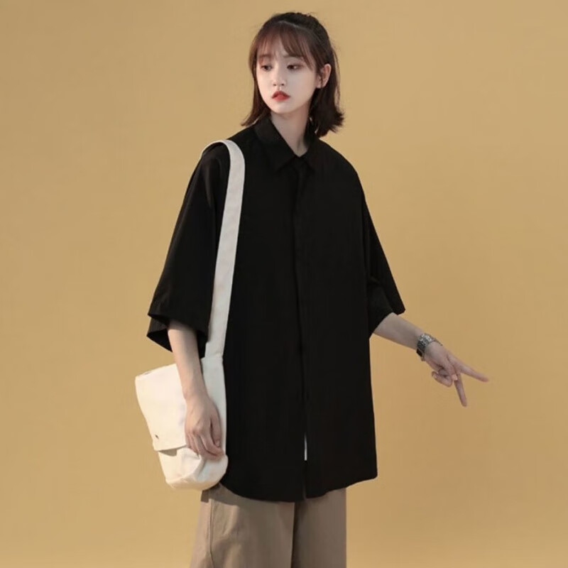 恺吉锐冰丝衬衫女短袖宽松百搭外穿bf夏季薄款五分袖衬衣半袖外套潮