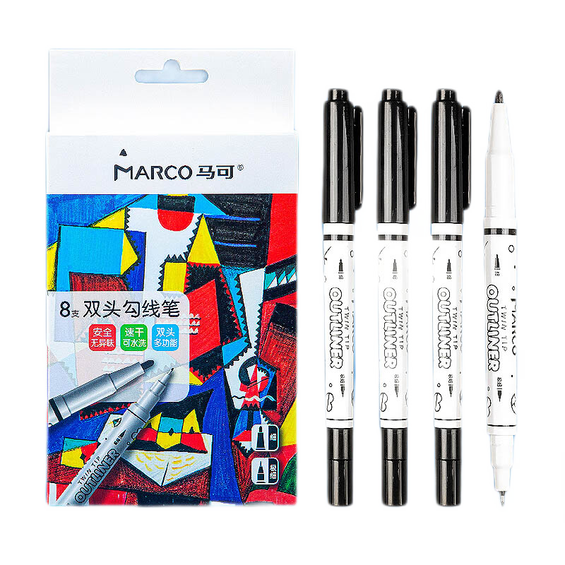 马可（MARCO） 黑色勾线笔 儿童绘图绘画勾边描边笔划线笔记号笔 1287双头 8支装