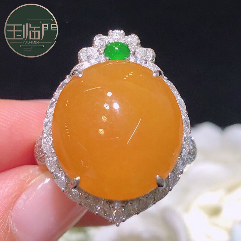 玉临门缅甸老坑天然a货翡翠高冰种黄翡鸽子蛋18k金镶嵌翡翠戒指女 黄