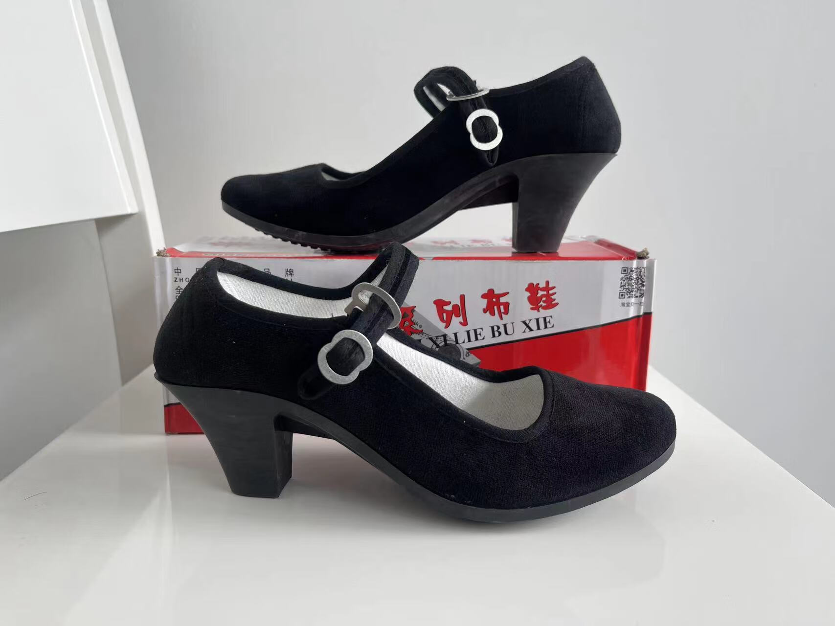 观睿1602款牌实心高跟一带布鞋6cm舞蹈鞋礼仪鞋舞蹈考级秧歌表演 黑色
