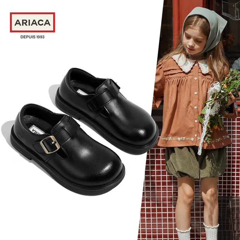 Ariaca艾芮蘇女童黑皮鞋2025春夏季真皮中大童大頭單鞋英倫風兒童鞋演出 黑色 26 內長16.7/適合腳長15.7-16.3