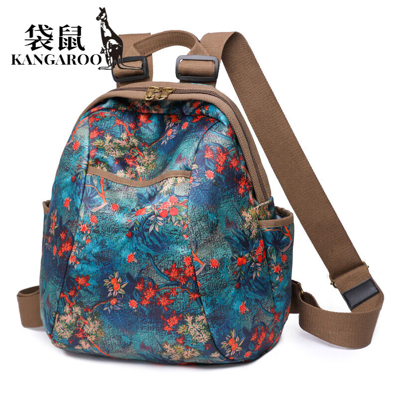 袋鼠（KANGAROO）新款国风印花牛津布双肩包时尚女士背包贝壳型大容量旅行背包书包 秋枫叶