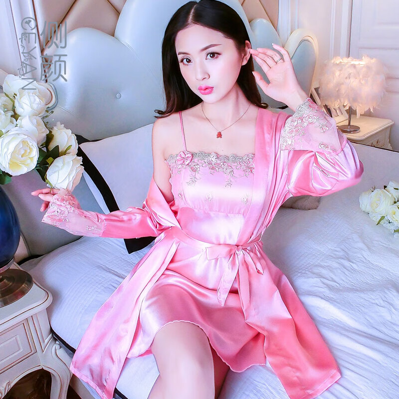 仿真丝性感睡袍睡衣女夏季两件套蕾丝吊带情趣浴袍家居服套装睡裙曼迪