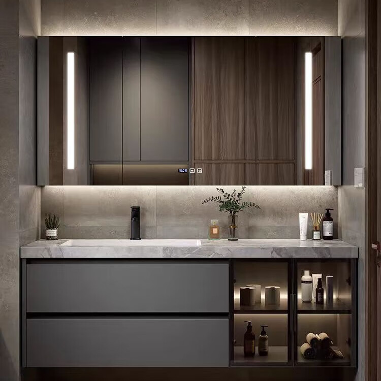 席玛梦现代浴室柜组合岩板无缝拼接陶瓷一体简约卫生间洗手洗脸盆洗漱台 岩板无缝陶瓷盆+智能镜柜 130cm
