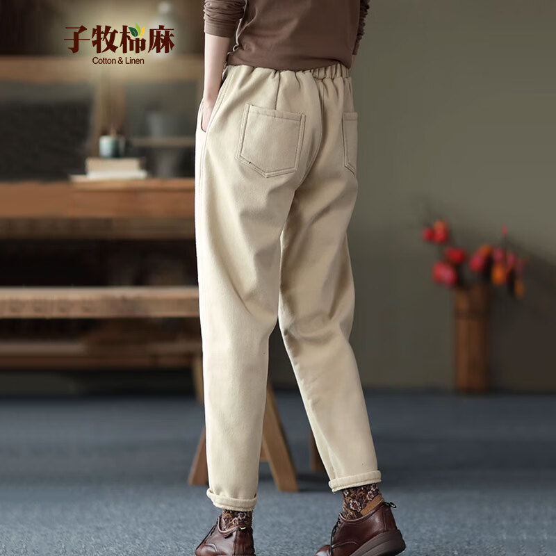 子牧棉麻秋冬装 女加绒加厚裤子休闲裤松紧腰加绒哈伦裤时尚长裤8456 米色 M (建议95-115斤)