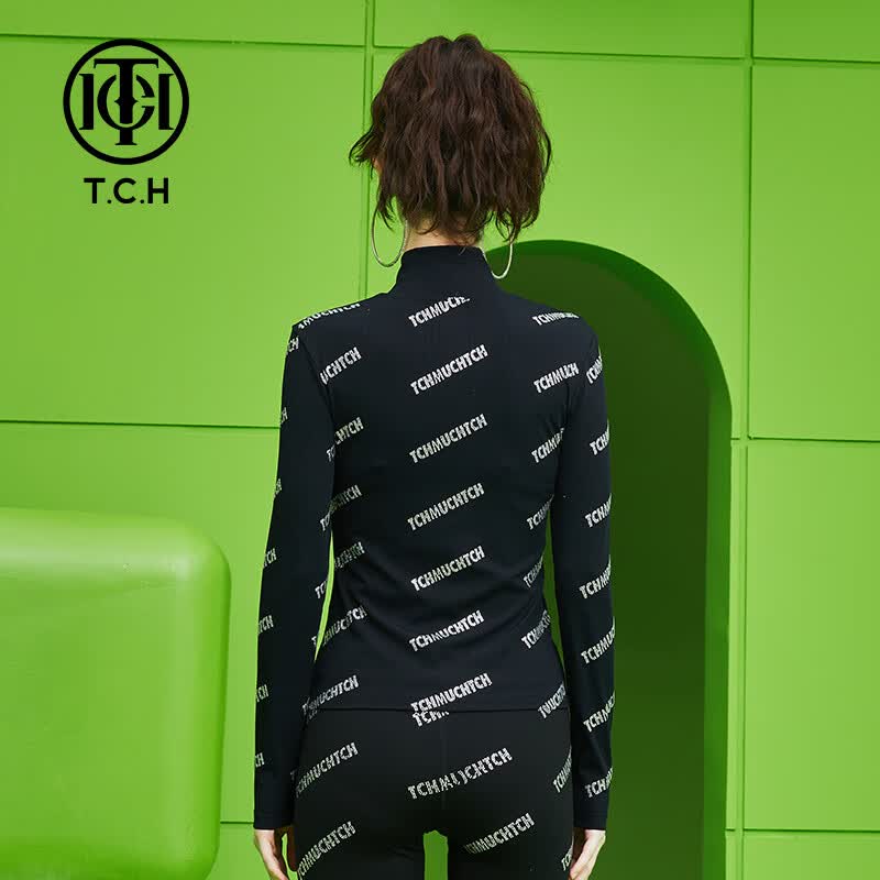 TCH真5折服饰潮牌打底衫烫钻满印字母春夏黑色长袖T恤T69A026002 S