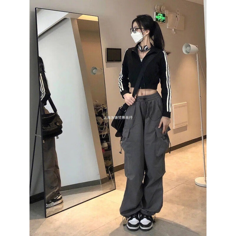 美式复古hiphop嘻哈工装裤女直筒宽松高腰显瘦多口袋运动休闲裤子 灰色 【斜纹原版面料】 S(建议70-95斤)