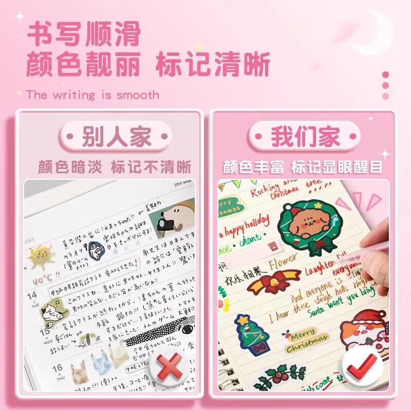 得力彩色手账笔大容量糖果色签字笔学生用0.5mm多色中性笔速干水笔做笔记重点标记笔按动子弹头标识 标记推荐丨6色