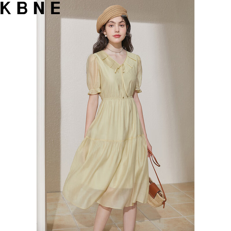 KBNE白色连衣裙女裙子夏季2023法式港味复古莱赛尔显瘦茶歇裙 浅绿色 XS