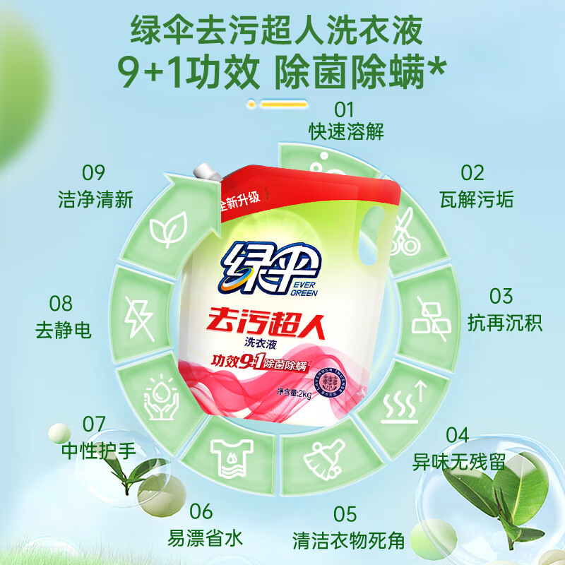 绿伞去污超人洗衣液深层洁净柔顺去渍亮白增艳护衣护色 2kg*2袋薰衣草香